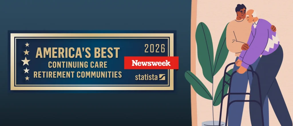 Newsweek Best of CCRCs 2026 banner award to Monarch Landing for being a top rated life plan community in Naperville, IL.